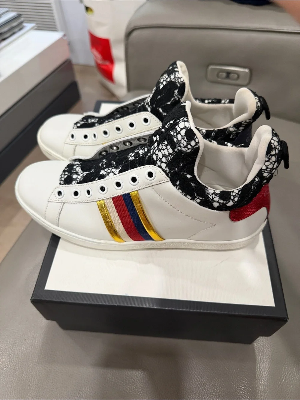 Gucci White Sneakers with Red, Blue & Gold Stripes and Black Lace Collar